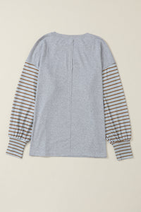 Thumbnail for Gray Colorblock Striped Bishop Sleeve Top
