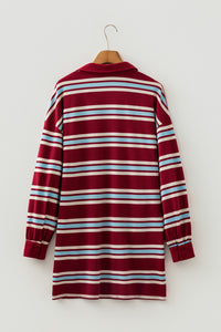 Thumbnail for Red Stripe Retro Polo Collar Long Sleeve T Shirt Shift Mini Dress