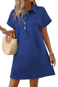Thumbnail for Sky Blue Solid Color Textured Short Sleeve A Line Mini Dress
