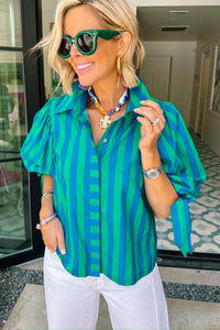Thumbnail for Blue Stripe Tie Puff Sleeve Womens Button Down Shirt