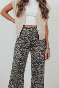 Thumbnail for Close-up - Khaki Leopard Wide-Leg Jeans