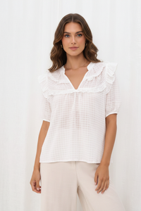 Thumbnail for Close-up - White Ruffle Collar Blouse usual model face
