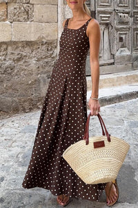 Thumbnail for Brown Polka Dot Print Square Neck Sleeveless Vacation Long Dress