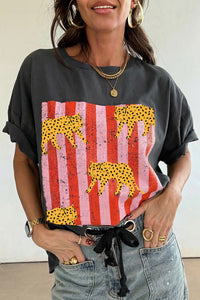 Thumbnail for Dark Grey Cheetah Striped Print Retro Fashion Graphic Tee