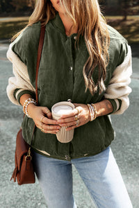 Thumbnail for Mist Green Corduroy Fleece Patchwork Buttoned Bomber Jacket
