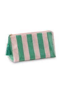 Thumbnail for Dark Green Striped Vinyl Waterproof Tassel Zipper Makeup Bag