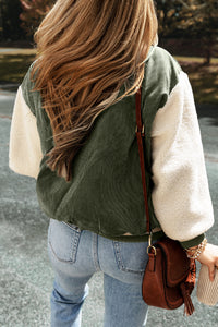 Thumbnail for Mist Green Corduroy Fleece Patchwork Buttoned Bomber Jacket
