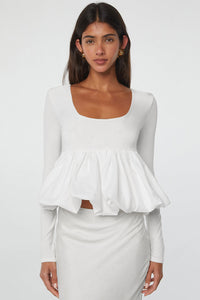 Thumbnail for White U Neck Long Sleeve Bubble Hem Top