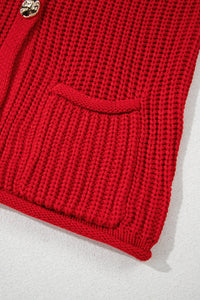 Thumbnail for Fiery Red Solid Textured Knit Side Pockets Buttoned Sweater Vest