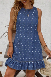 Thumbnail for Blue Polka Dot Ruffle Hem Sleeveless Denim Mini Dress