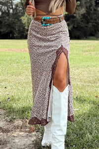 Thumbnail for Brown Cheetah Print Trim Split Long Western Skirt