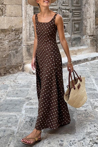 Thumbnail for Brown Polka Dot Print Square Neck Sleeveless Vacation Long Dress