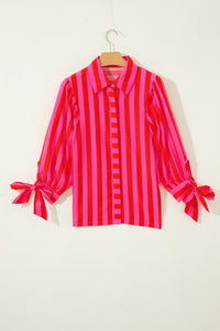 Thumbnail for Red Stripe Tie Puff Sleeve Womens Button Down Shirt