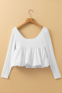 Thumbnail for White U Neck Long Sleeve Bubble Hem Top
