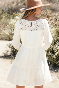Thumbnail for White Floral Lace Patchwork Bracelet Sleeve Tiered Mini Dress