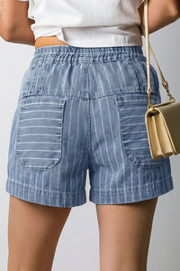 Thumbnail for Sky Blue Stripe Drawstring Button Pleated High Waist Denim Shorts