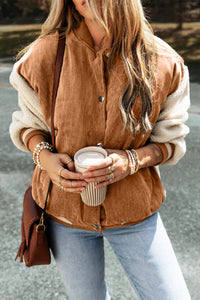 Thumbnail for Buckskin Corduroy Fleece Patchwork Buttoned Bomber Jacket