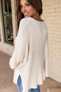 Thumbnail for White Waffle Knit Side Slits Loose Fit V Neck Top