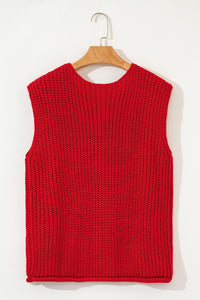 Thumbnail for Fiery Red Solid Textured Knit Side Pockets Buttoned Sweater Vest