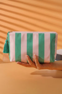 Thumbnail for Dark Green Striped Vinyl Waterproof Tassel Zipper Makeup Bag