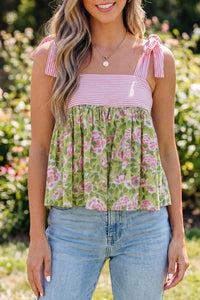 Thumbnail for Green Floral Printed Knot Straps Babydoll Tank Top