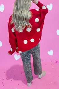 Thumbnail for Red Polka Dot Button Front Oversized V Neck Cardigan