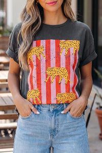 Thumbnail for Dark Grey Cheetah Striped Print Retro Fashion Graphic Tee