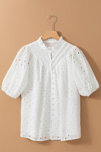 Thumbnail for White Flower Embroidered Hollow-out Puff Sleeve Blouse