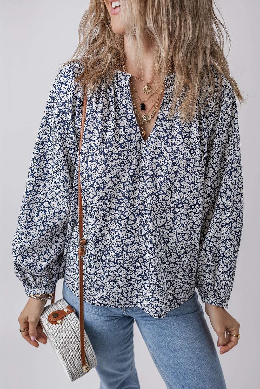 Meadow Puff Sleeve Blouse - Navy Floral