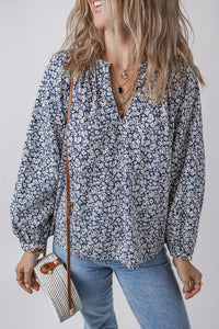 Thumbnail for Meadow Puff Sleeve Blouse - Navy Floral