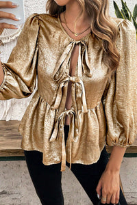 Thumbnail for Gold Bow Tie Front Puff 3/4 Sleeve Ruffle Hem Blouse