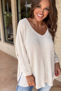 Thumbnail for White Waffle Knit Side Slits Loose Fit V Neck Top