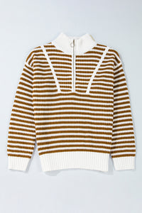 Thumbnail for Khaki Stripe Zip up Collar Drop Shoulder Sweater