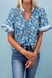 Thumbnail for Blue Floral Print Button Tie Neck Striped Detail Short Sleeve Blouse
