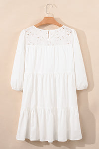 Thumbnail for White Floral Lace Patchwork Bracelet Sleeve Tiered Mini Dress