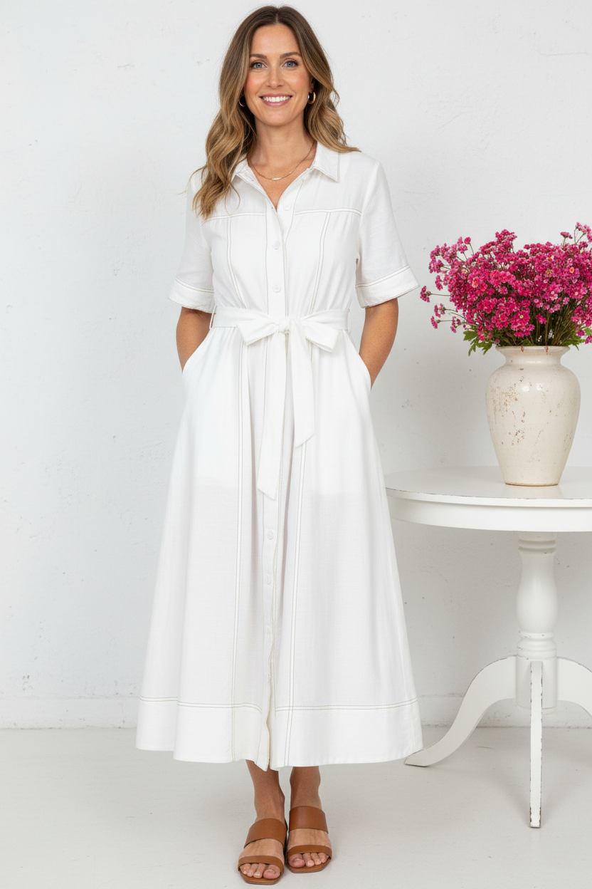 Front view 2 - Colette White Midi Shirt Dress