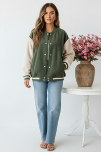 Thumbnail for Front view - Army Green Sherpa Varsity Jacket updated model