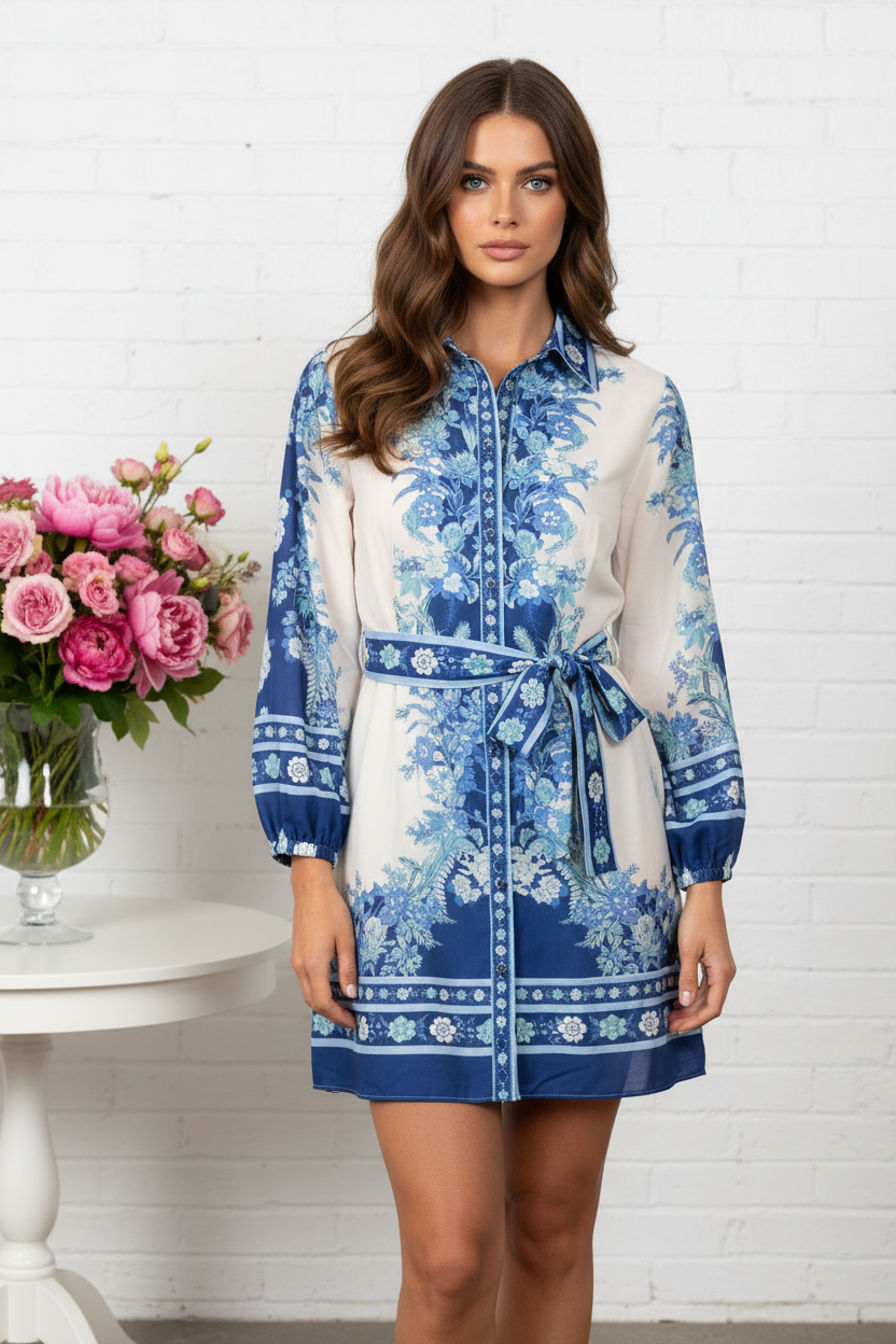 Front view - Blue Chinoiserie Mini Dress