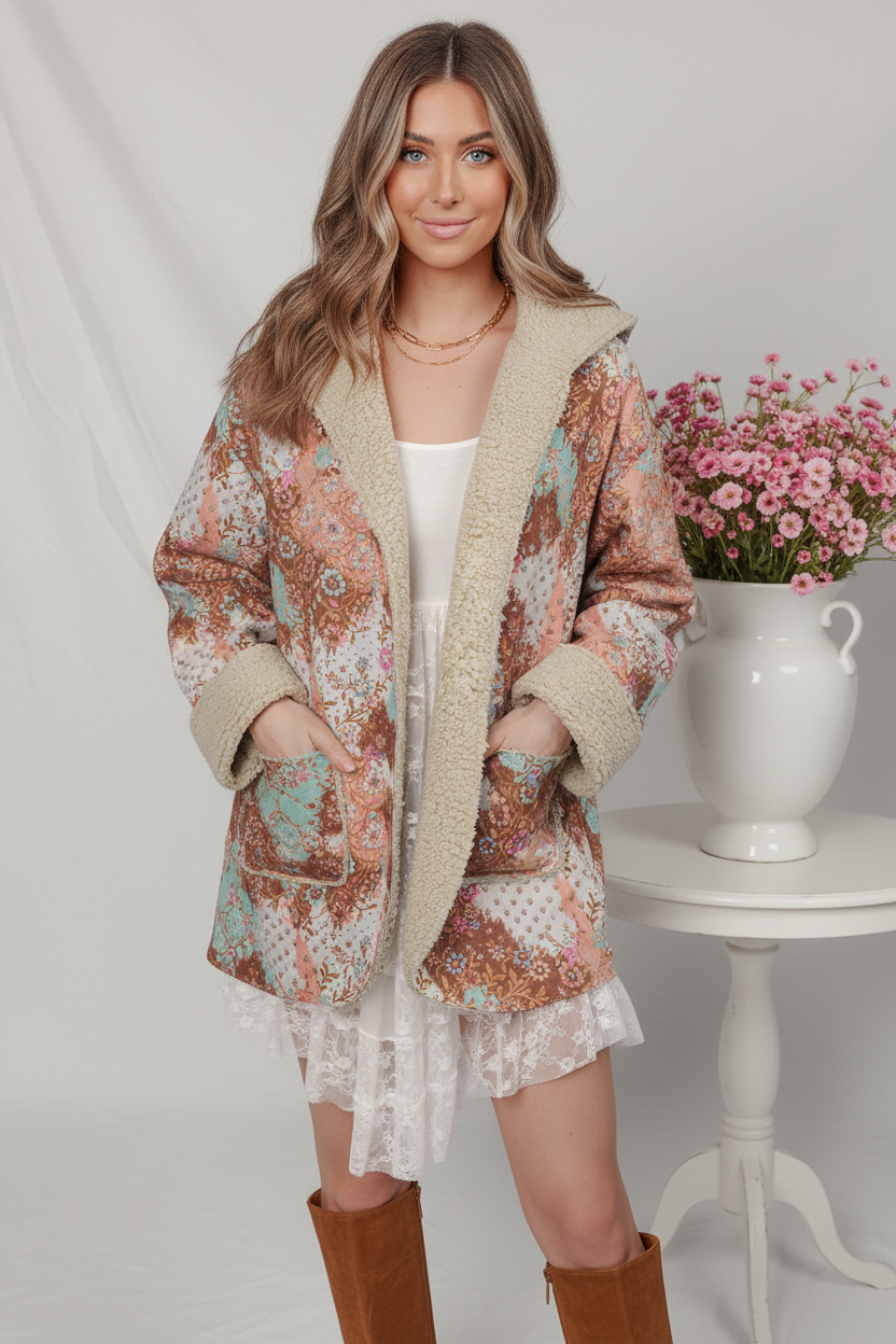 Front view - Boho Patchwork Sherpa Jacket