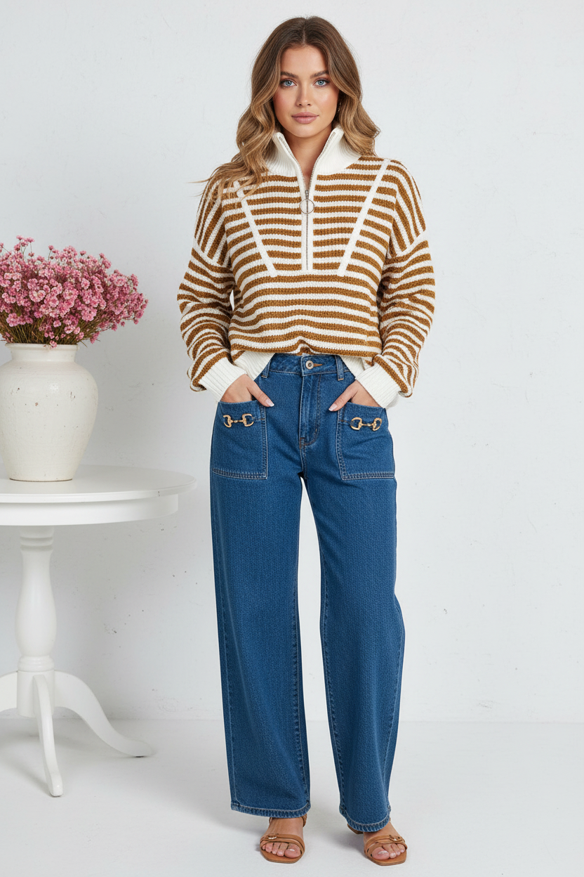 Front view - Brown Stripe Half-Zip Knit