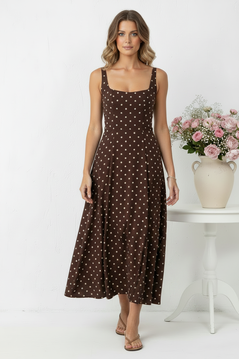 Front view - Chocolate Polka Dot Dress longer hem