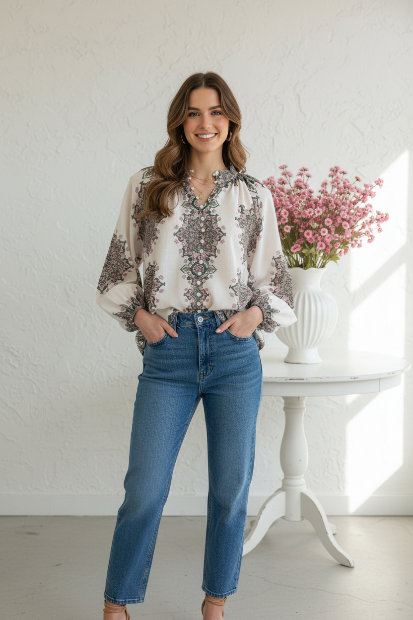 Front view - Cream Paisley Medallion Boho Blouse