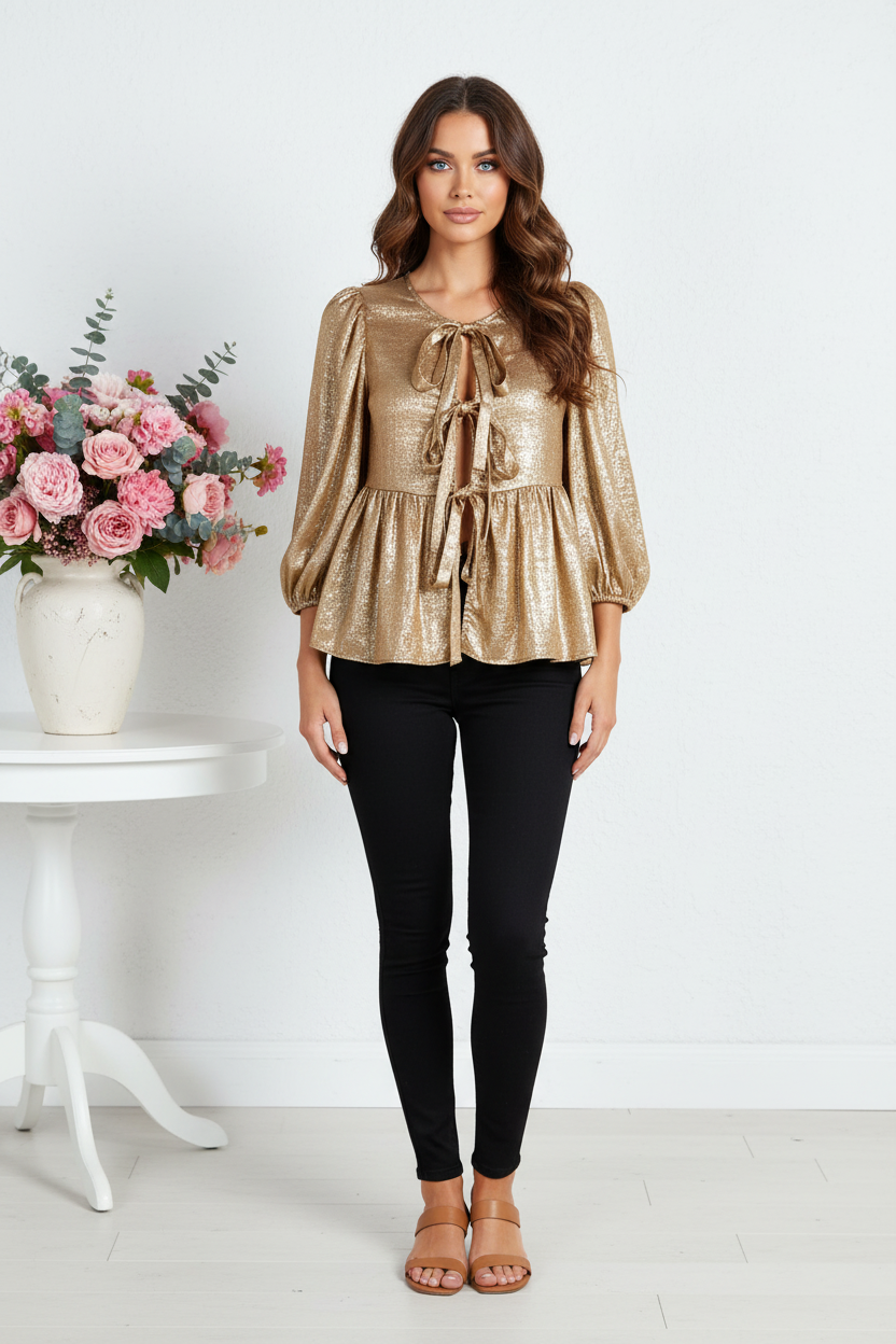 Front view - Gold Metallic Peplum Blouse