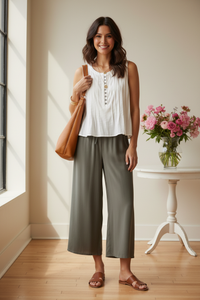 Thumbnail for Front view - Khaki Wide-Leg Cropped Culottes