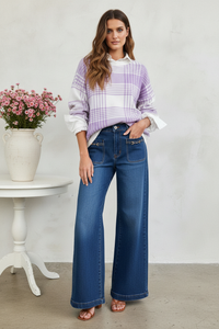 Thumbnail for Front view - Lavender Plaid Knit & Wide-Leg Jeans