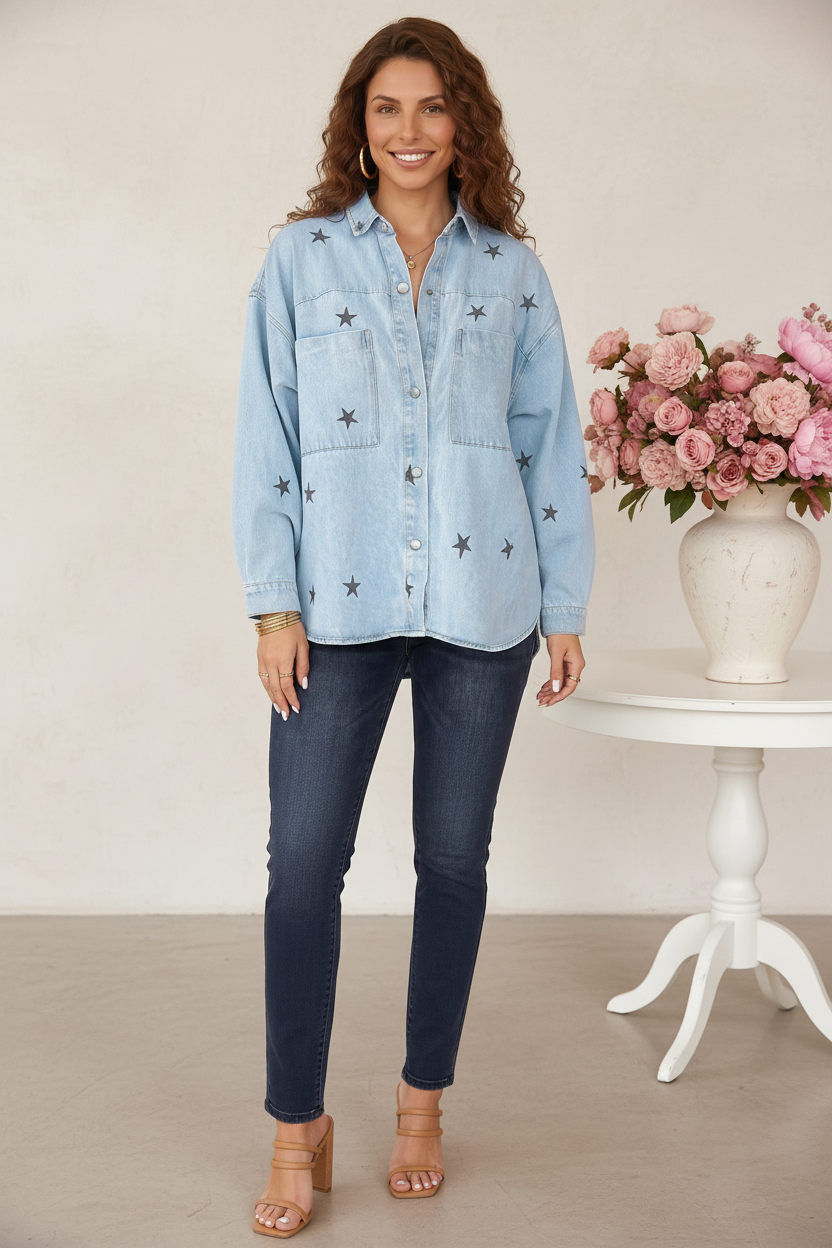 Front view - Light Blue Star Print Denim Shacket