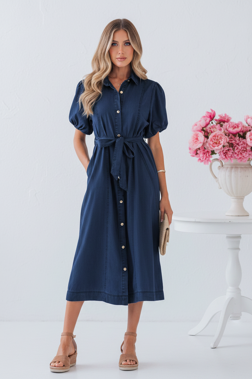 Front view - Navy Puff Sleeve Shirt Dress