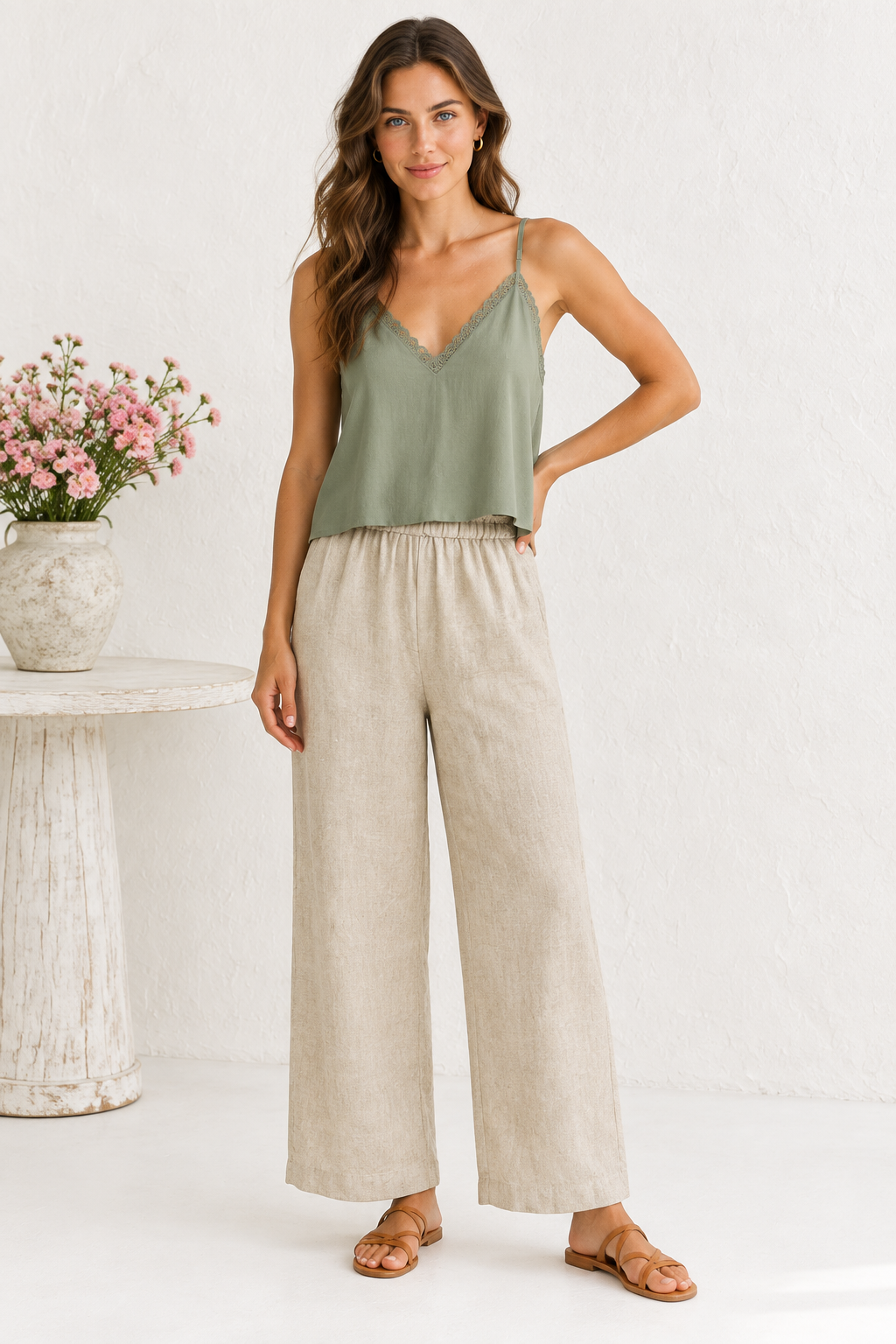Front view - Oat Linen Pants + Sage Cami