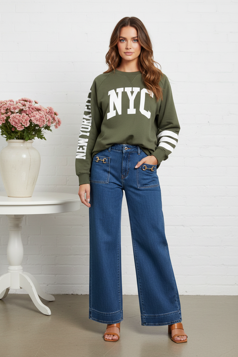 Front view - Olive NYC Sweatshirt & Wide-Leg Jeans