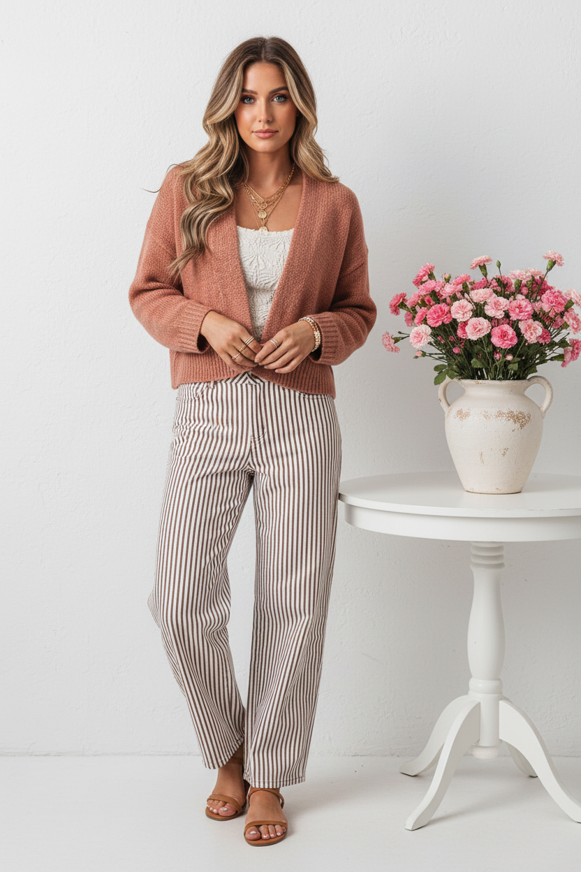 Front view - Pink Cardigan & Striped Jeans